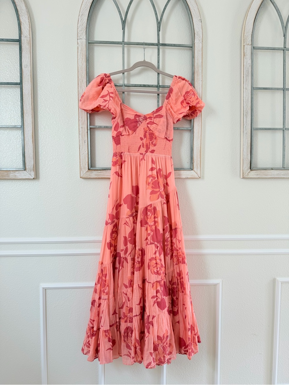 Free People Coral Pink Floral Tiered Puff-Sleeve Dress